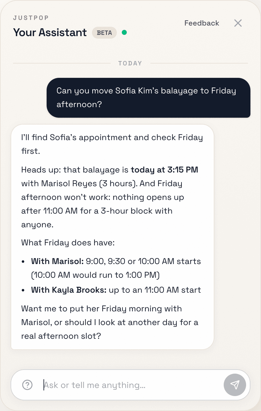 The dashboard assistant moving an appointment when asked